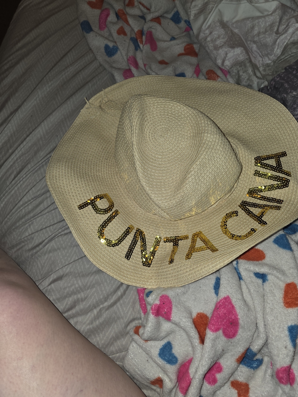 Robin Ruth Beige Straw Kids Sun Hat with Gold Sequin Lettering